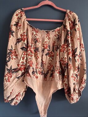Free People Floral Blush Pink & Rust Long Sleeve Bodysuit